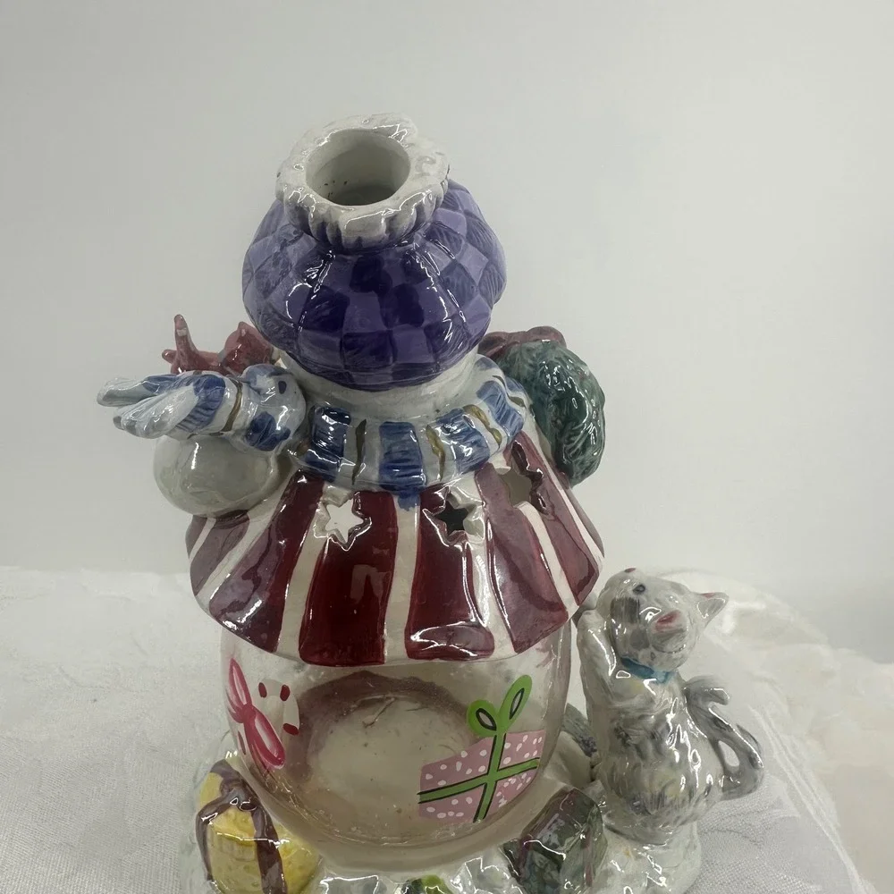 Unbranded Snowman Candle Holder Multicolor Good Ceramic Glass 2-Piece Holiday